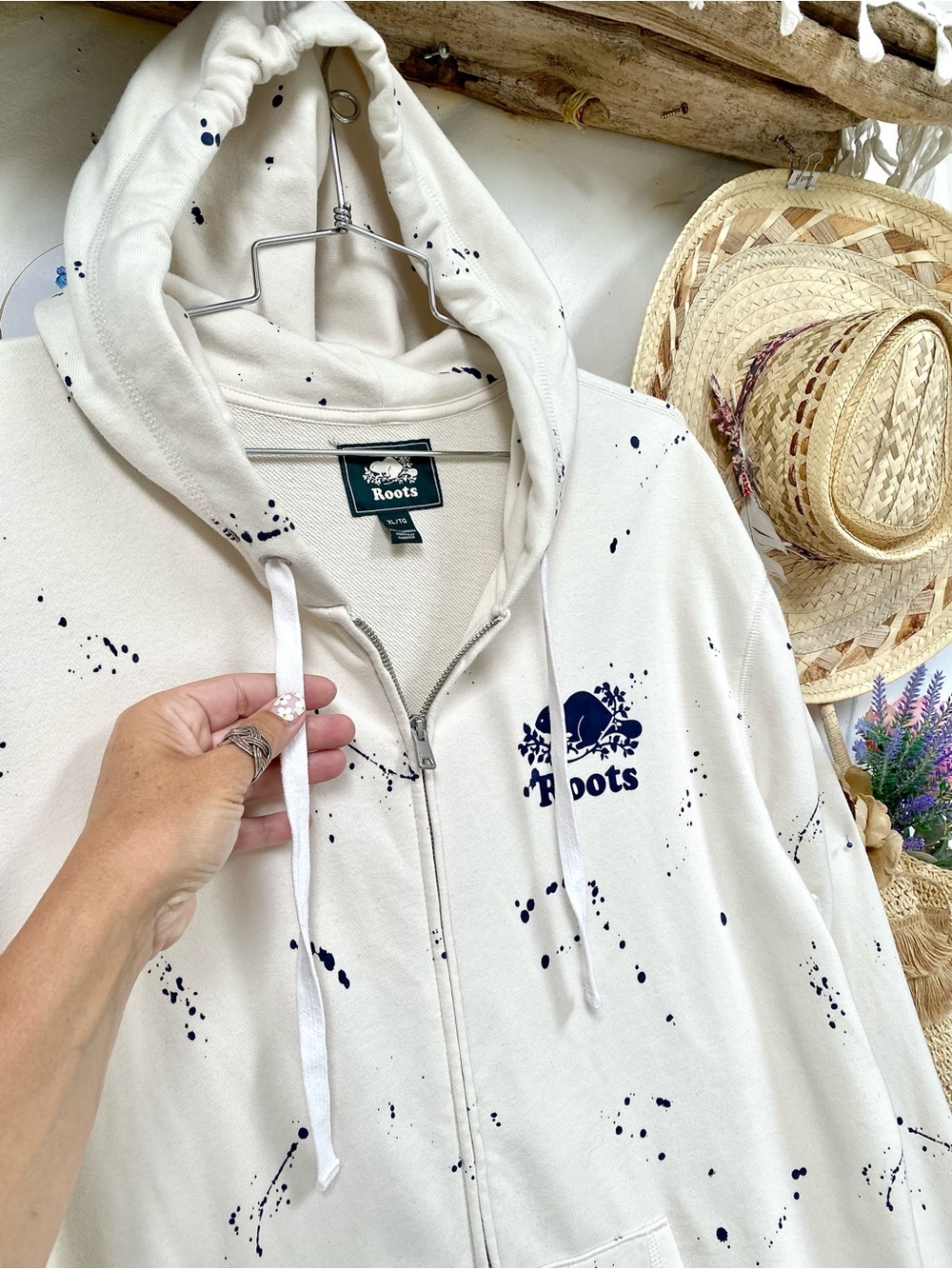 ROOTS Artisan paint splatter full zip kanga hoody cottagecore cabin vacay vibe - Picture 11 of 16